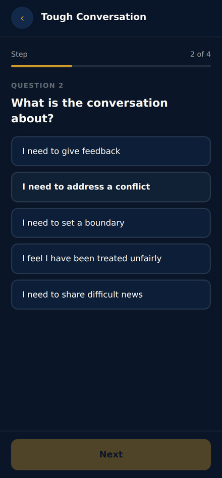 Tough Conversation Step 2 of 4: What is the conversation about, with I need to address a conflict selected