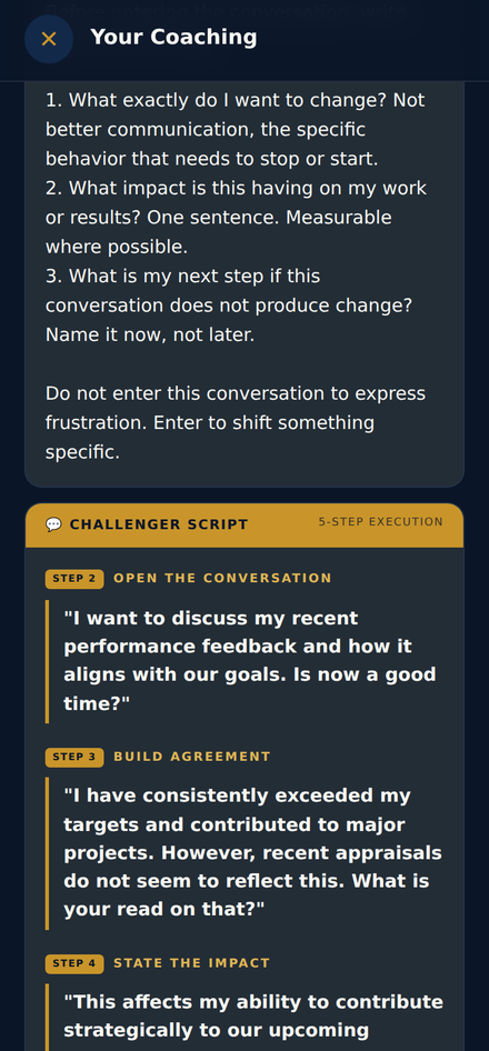 Challenger Script 5-step execution: Open the conversation, Build agreement, State the impact, Make the ask, with pause instruction and Handle Pushback beginning